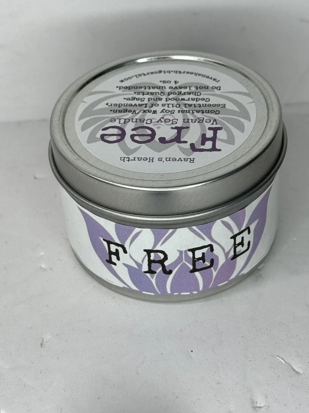 Raven's Hearth Free Vegan Soy Cleansing Candle 4oz Lavender Tin Jar Scented